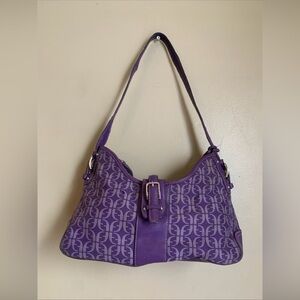 Fossil ZB4052 Purple Leather Canvas Logo Hobo Shoulder Bag Y2k Vintage Signature